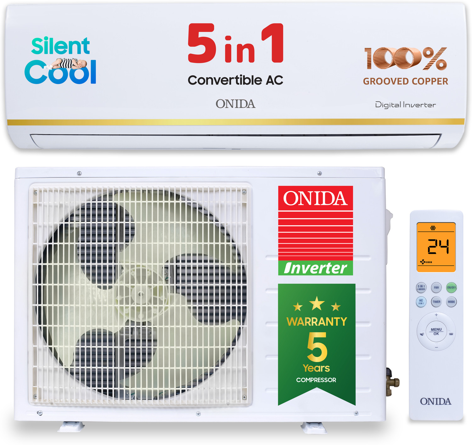 Image of ONIDA 2025 Model 1.5 Ton 3 Star Split Inverter 5-in-1 Convertible Cooling with Deep Cleaning AC
