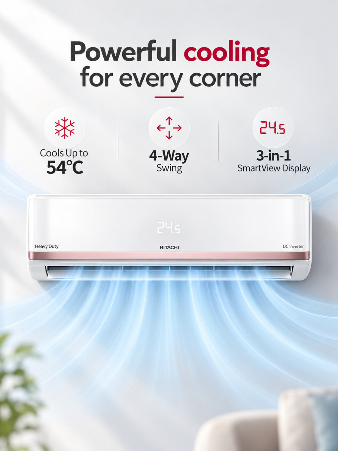 Image of Hitachi 2026 Model 2 Ton 3 Star Split Digital Inverter with Wi-fi AC