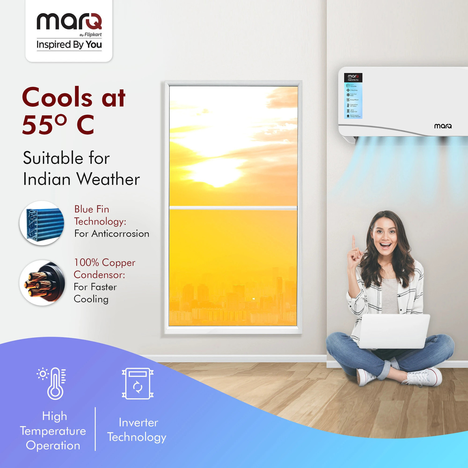 Image of MarQ by Flipkart 2025 Model 1 Ton 3 Star Split Inverter 5-in-1 Convertible with Turbo Cool Technology AC
