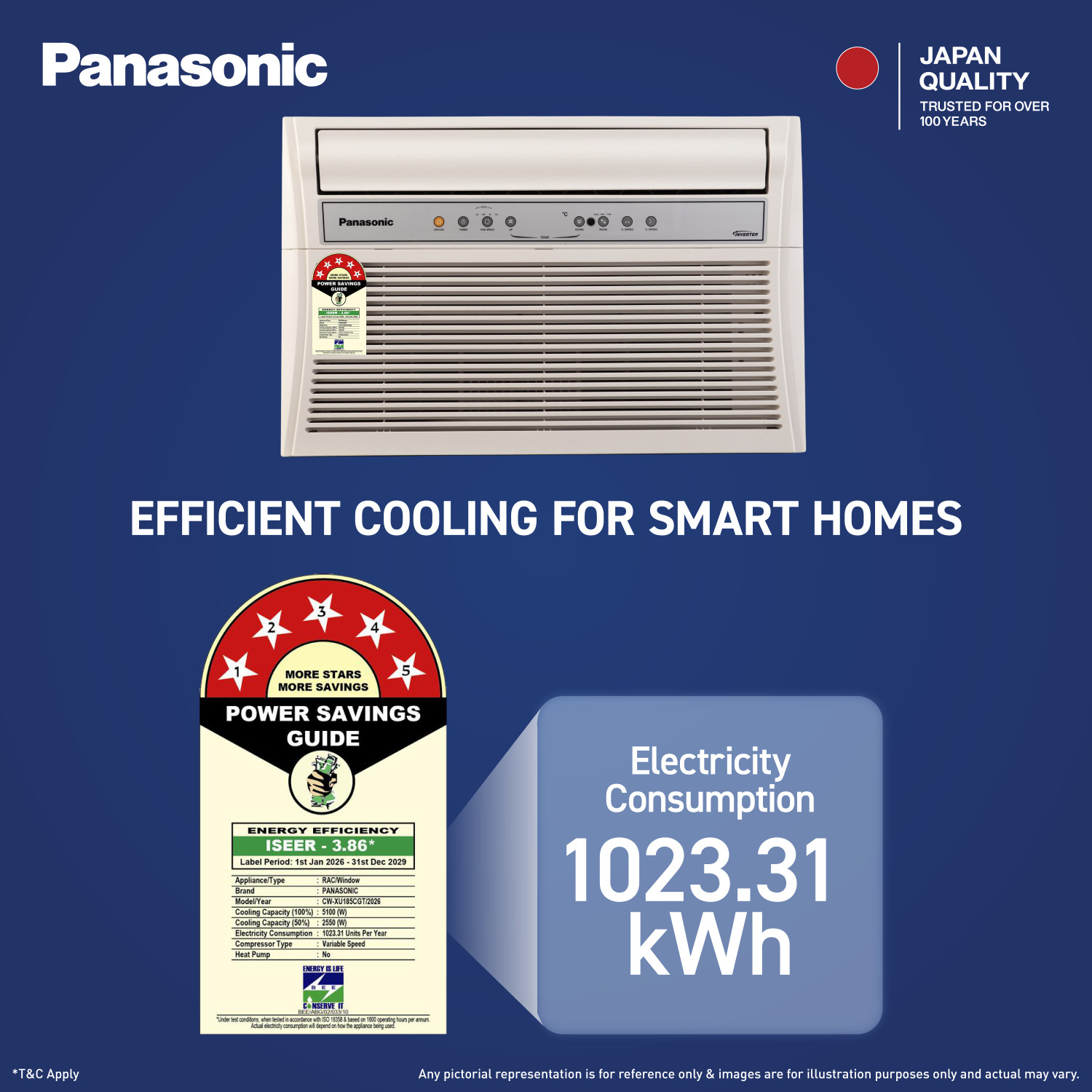 Image of Panasonic 2026 Model 1.5 Ton 5 Star Window Inverter Top Throw Airflow, Cools at 50 Deg. C, Copper Condenser, 8in1 Convertible, 4-Way Swing, Powerful Mode, ECO Mode, PM0.1 Filter AC