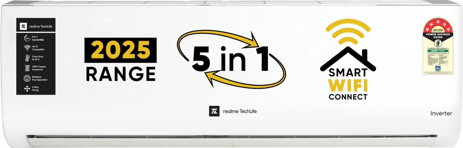Image of realme TechLife 2025 Model 1.5 Ton 5 Star Split Inverter with Wi-fi 5-in-1 Convertible with Rapid Cool Smart Technology AC