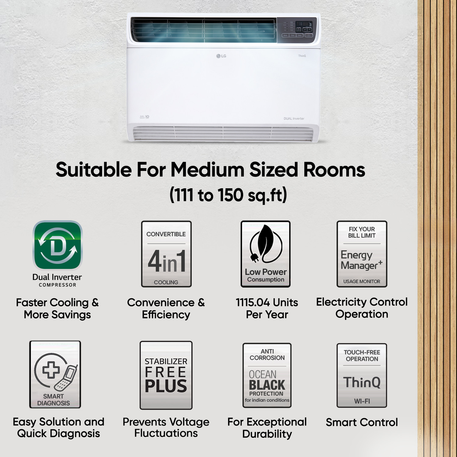 Image of LG 2025 Model 1.5 Ton 3 Star Window Dual Inverter with Wi-fi with Energy Manager+,Voice Control, 4 Way Air Swing & HD Filter AC