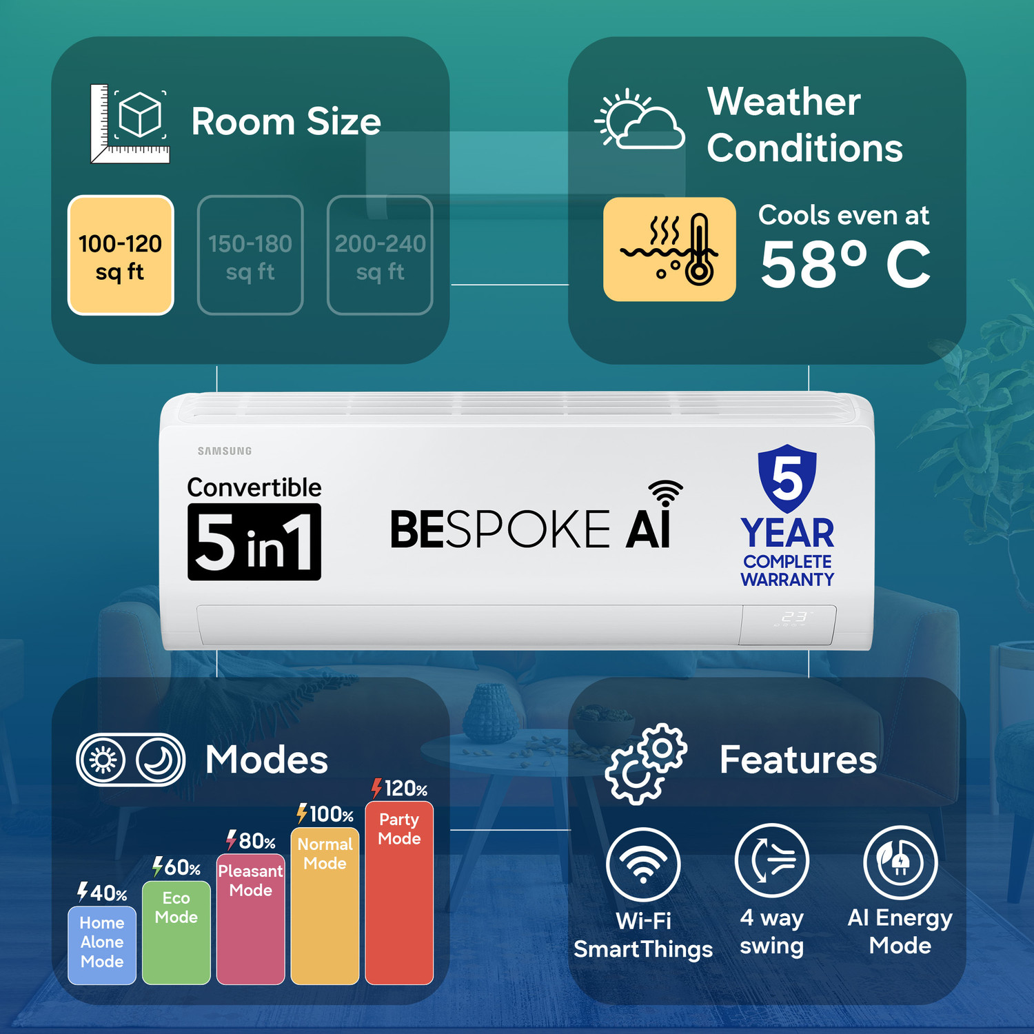 Image of Samsung Bespoke AI 2026 Model 1 Ton 3 Star Split Inverter with Wi-fi Energy Saving, Voice Control, Powerful Cooling, Copper, 4 Way swing, 5 Step Convertible AC
