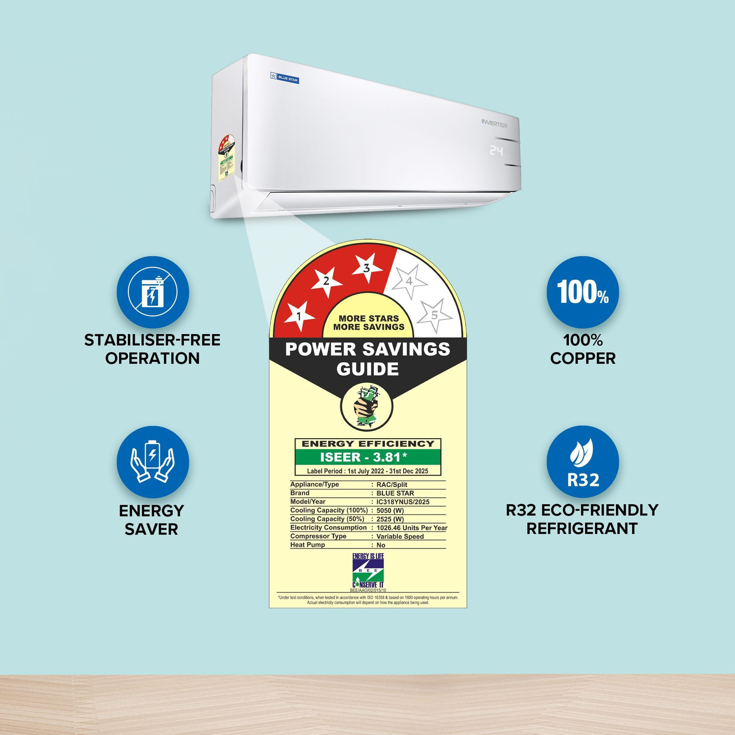 Image of Blue Star 2025 Model 1.5 Ton 3 Star Split Inverter with Wi-fi AC