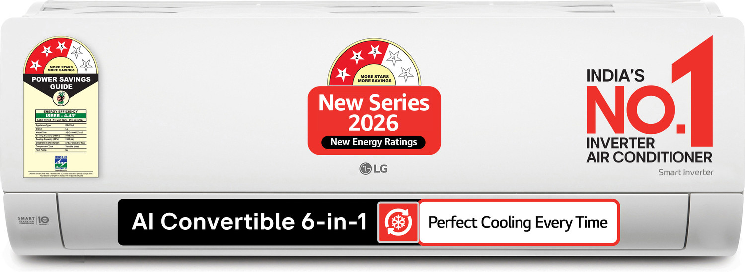 Image of LG 2026 Model 1.5 Ton 3 Star Split Smart Inverter Faster Cooling and Energy Saving, 100% Copper Condenser, Max 5500W cooling capacity, AI Convertible 6-in-1 Cooling, HD Filter with Anti-Virus Protection, Cools at 55 Degree Celsius, Him Clean, VIRAAT Mode and Diet Mode Plus AC
