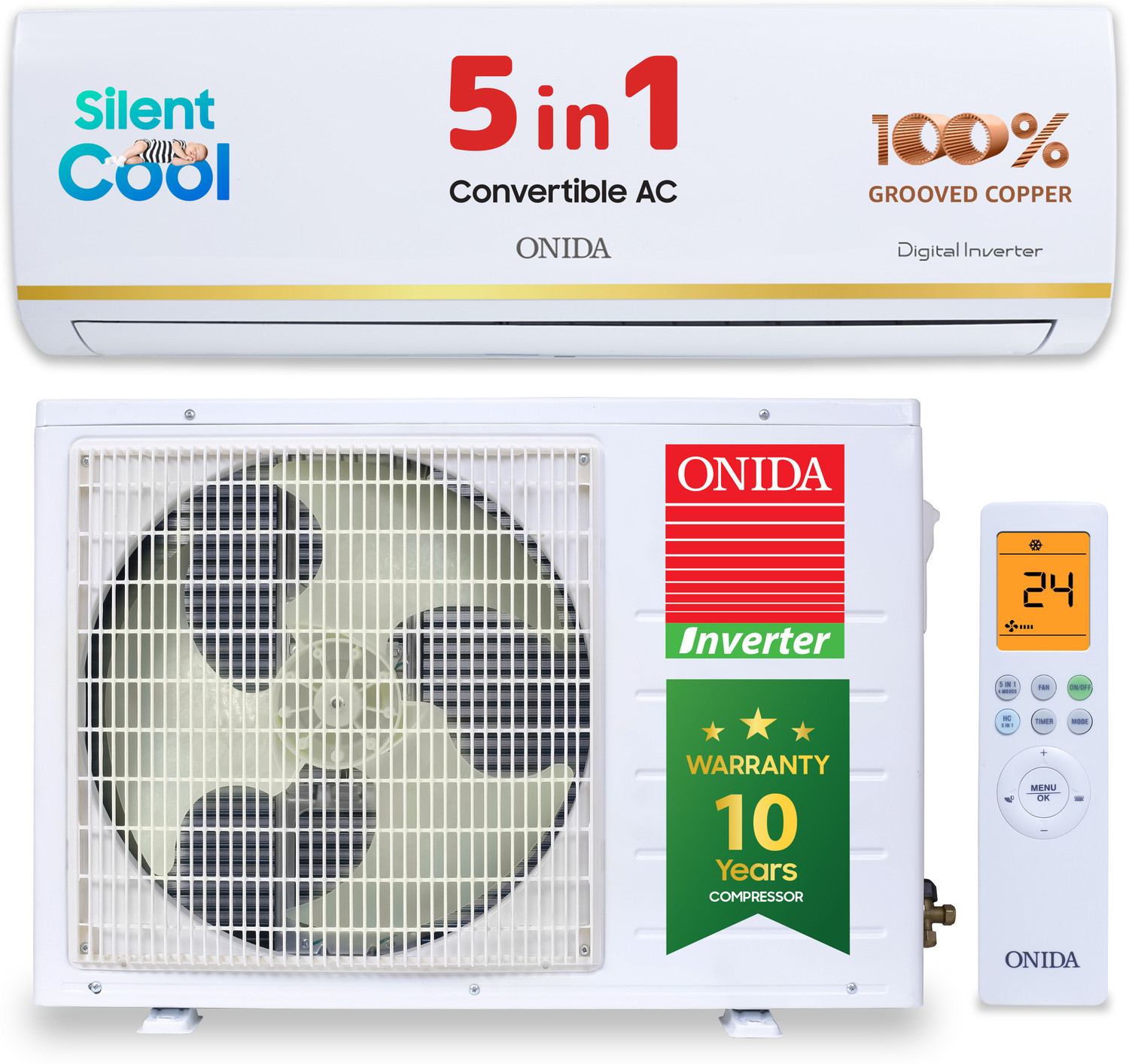Image of ONIDA 2025 Model 1.5 Ton 5 Star Split Inverter 5-in-1 Convertible Cooling with Deep Cleaning AC