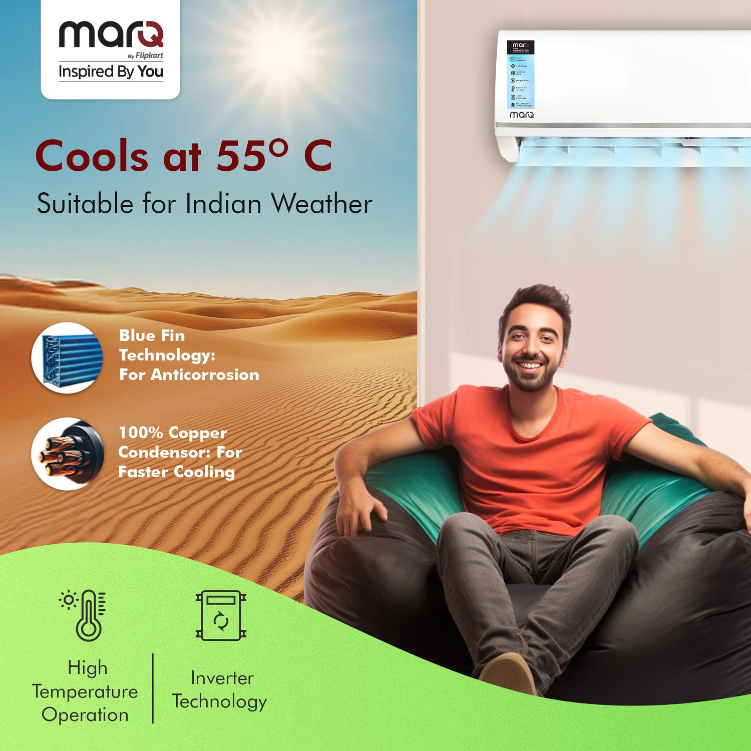 Image of MarQ by Flipkart 2025 Model 1 Ton 5 Star Split Inverter 5-in-1 Convertible with Turbo Cool Technology AC
