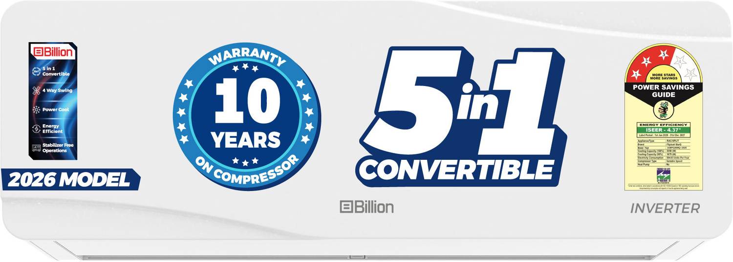 Billion 2024 Model 1.5 Ton 4 Star Split Inverter 4-in-1 Convertible with Turbo Cool Technology AC