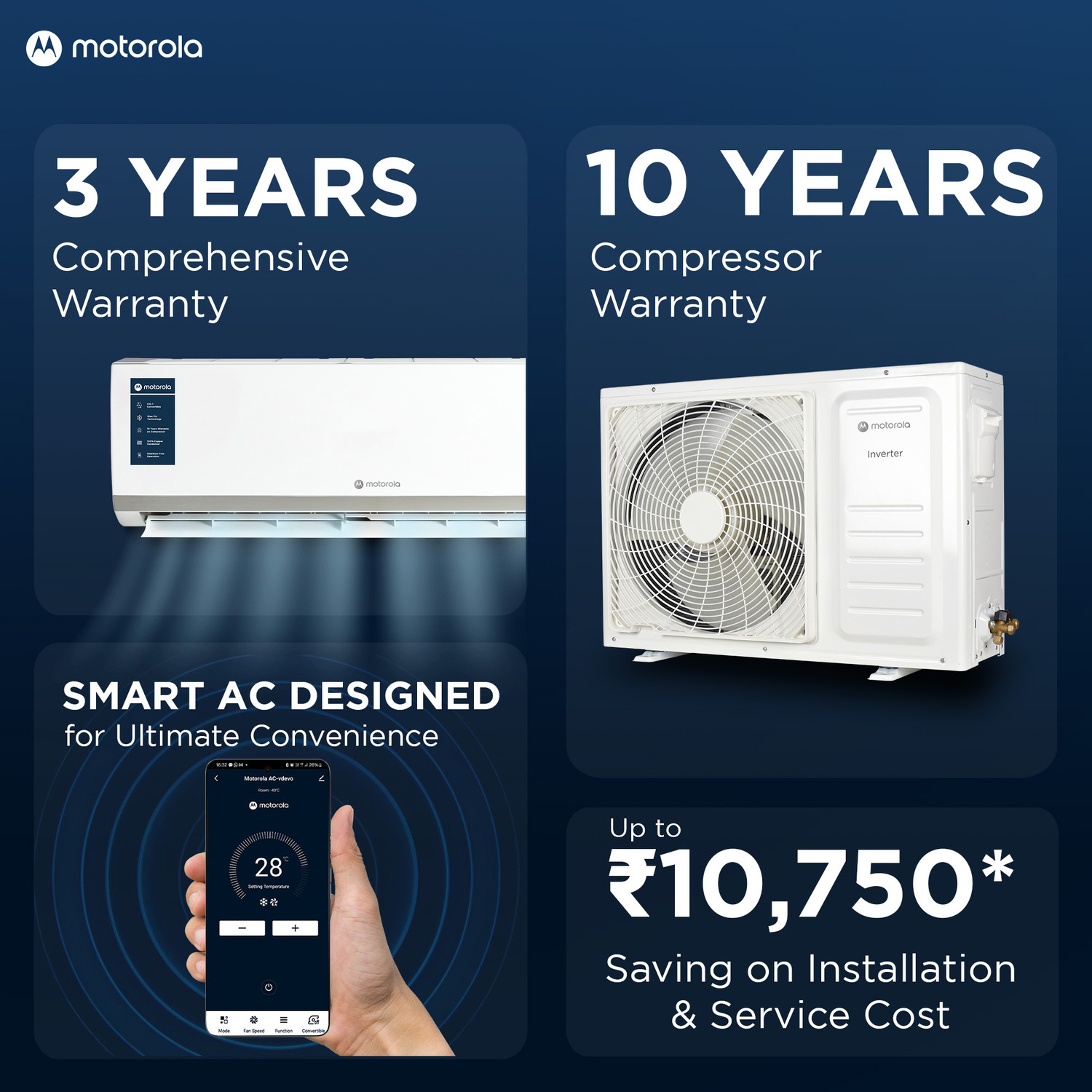 Image of MOTOROLA 2025 Model 1.5 Ton 3 Star Split Inverter with Wi-fi 7-in-1 Convertible with Rapid cool technology AC