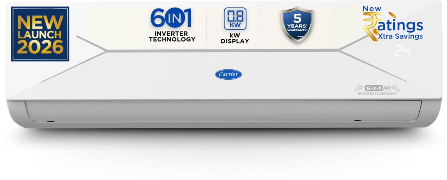 CARRIER 2026 Model 1 Ton 3 Star Split AI Inverter Convertible 6-in-1 with Smart Energy Display, Insta Cool, Auto Defrost Clean and PM 2.5 Filter AC