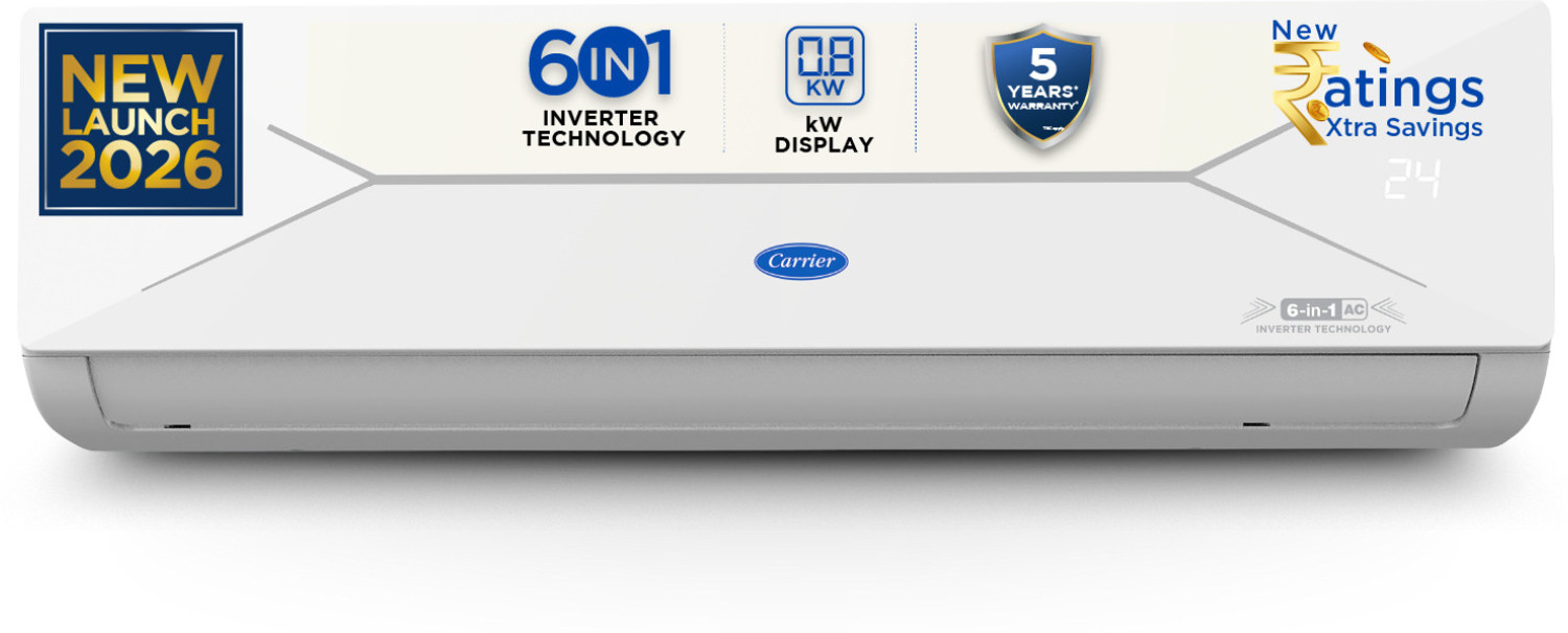 Image of CARRIER 2026 Model 1.5 Ton 5 Star Split AI Inverter Convertible 6-in-1 with Smart Energy Display, Insta Cool, Auto Defrost Clean and PM 2.5 Filter AC