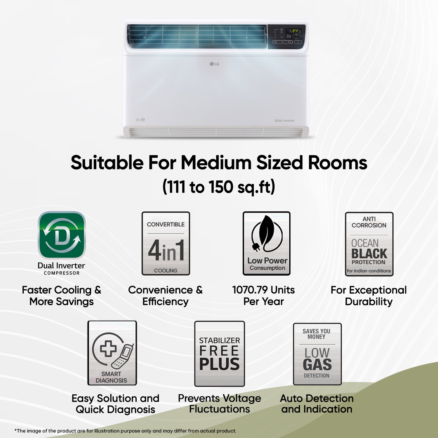 Image of LG 2026 Model 1.5 Ton 3 Star Window Dual Inverter Convertible 4-in-1 Cooling with Faster Cooling and Energy Saving, 4 Way Air Direction (Manual), Clean Filter Indicator, HD Filter and Top Air Discharge AC