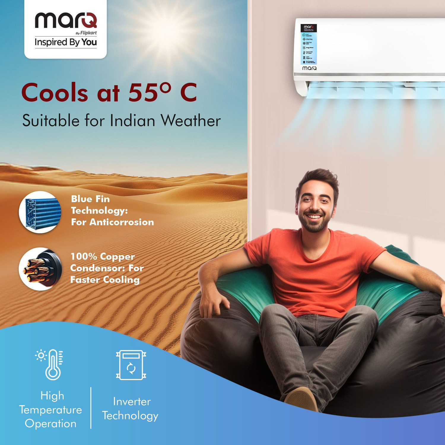 Image of MarQ by Flipkart 2025 Model 1.5 Ton 5 Star Split Inverter 5-in-1 Convertible with Turbo Cool Technology AC