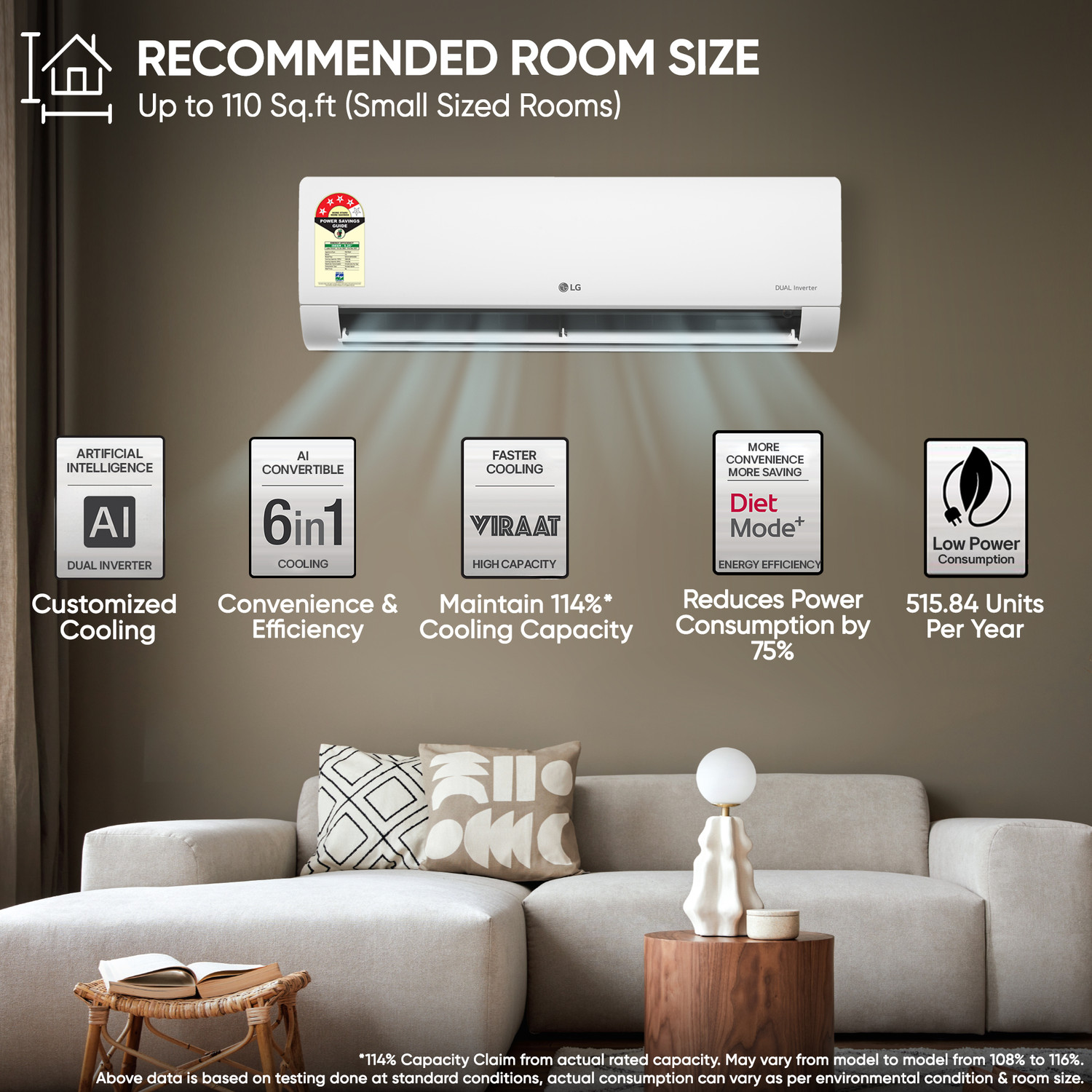 Image of LG 2026 Model 1 tons 4 Star Split Dual Inverter Faster Cooling and Energy Saving, AI Convertible 6-in-1 Cooling, 4 Way Air Swing, HD Filter with Anti Virus Protection, Cools at 55 Degree Celsius, Him Clean, VIRAAT Mode and Diet Mode Plus AC