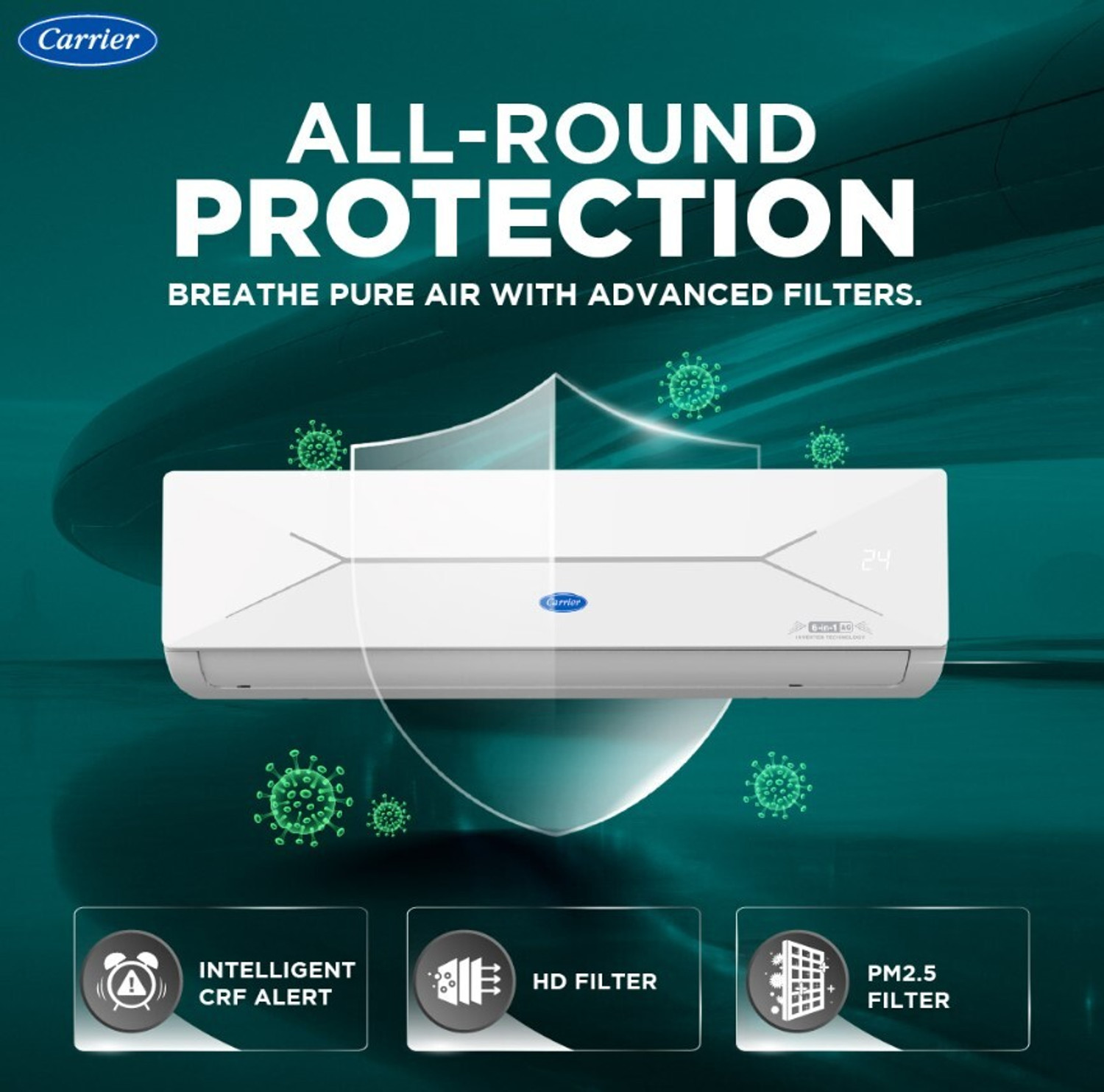 Image of CARRIER 2026 Model 1.5 Ton 3 Star Split AI Inverter Convertible 6-in-1 with Smart Energy Display, Insta Cool, Auto Defrost Clean and PM 2.5 Filter AC