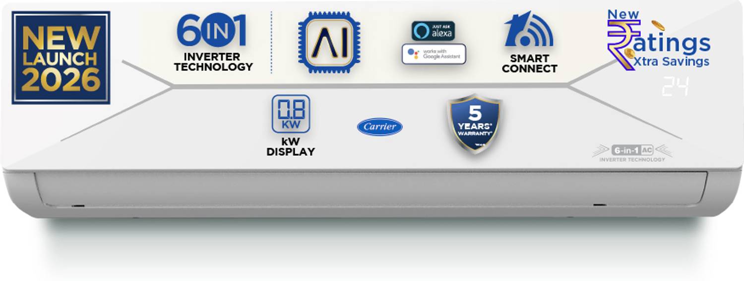 CARRIER 2026 Model 1 Ton 5 Star Split AI Inverter with Wi-fi Convertible 6-in-1 with Geo-Fencing & Voice Control,Smart Energy Display, Insta Cool, Auto Defrost Clean AC