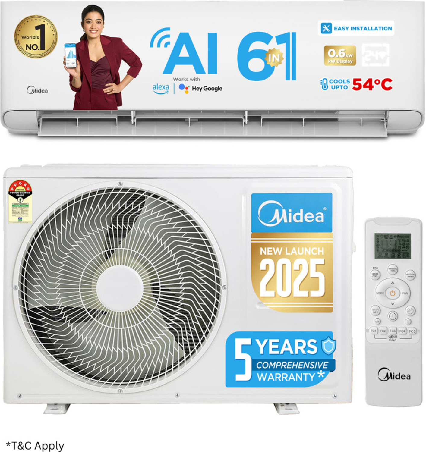 Image of Midea 2025 Model 1.5 Ton 5 Star Split Inverter with Wi-fi 6 in 1 Convertible Cooling AI+KW Display, PM 2.5 Filter, , Santis Pro-X RYL AC