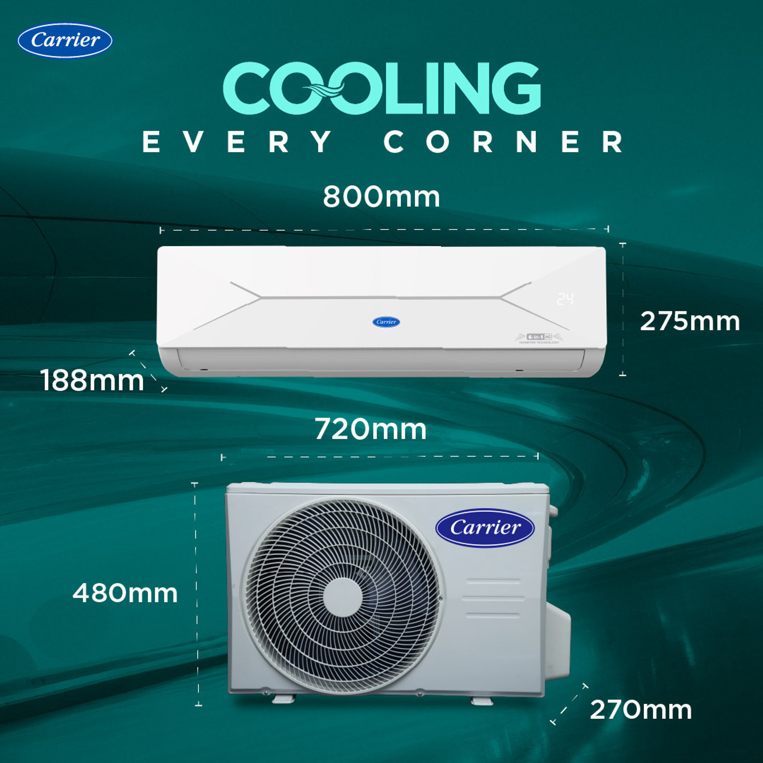 Image of CARRIER 2026 Model 1 Ton 3 Star Split AI Inverter Convertible 6-in-1 with Smart Energy Display, Insta Cool, Auto Defrost Clean and PM 2.5 Filter AC