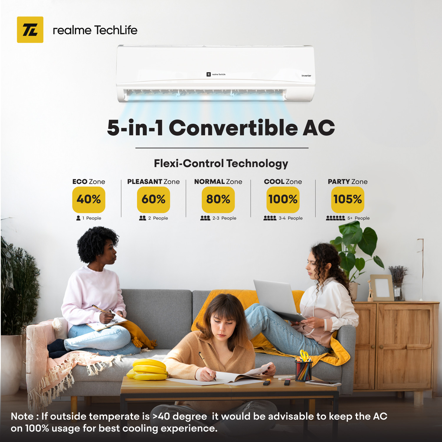 Image of realme TechLife 2025 Model 1.5 Ton 5 Star Split Inverter with Wi-fi 5-in-1 Convertible with Rapid Cool Technology Smart AC