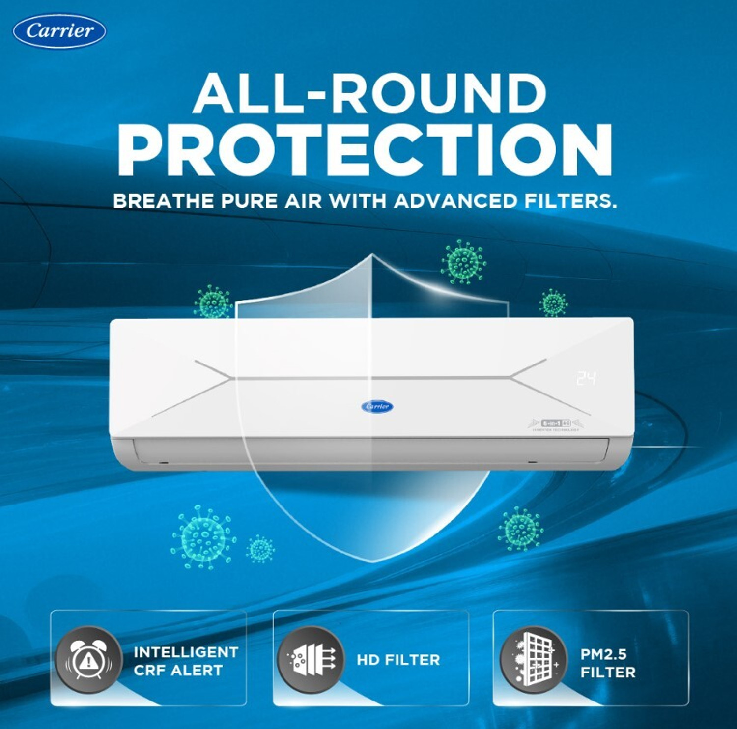 Image of CARRIER 2026 Model 1.5 Ton 5 Star Split AI Inverter Convertible 6-in-1 with Smart Energy Display, Insta Cool, Auto Defrost Clean and PM 2.5 Filter AC