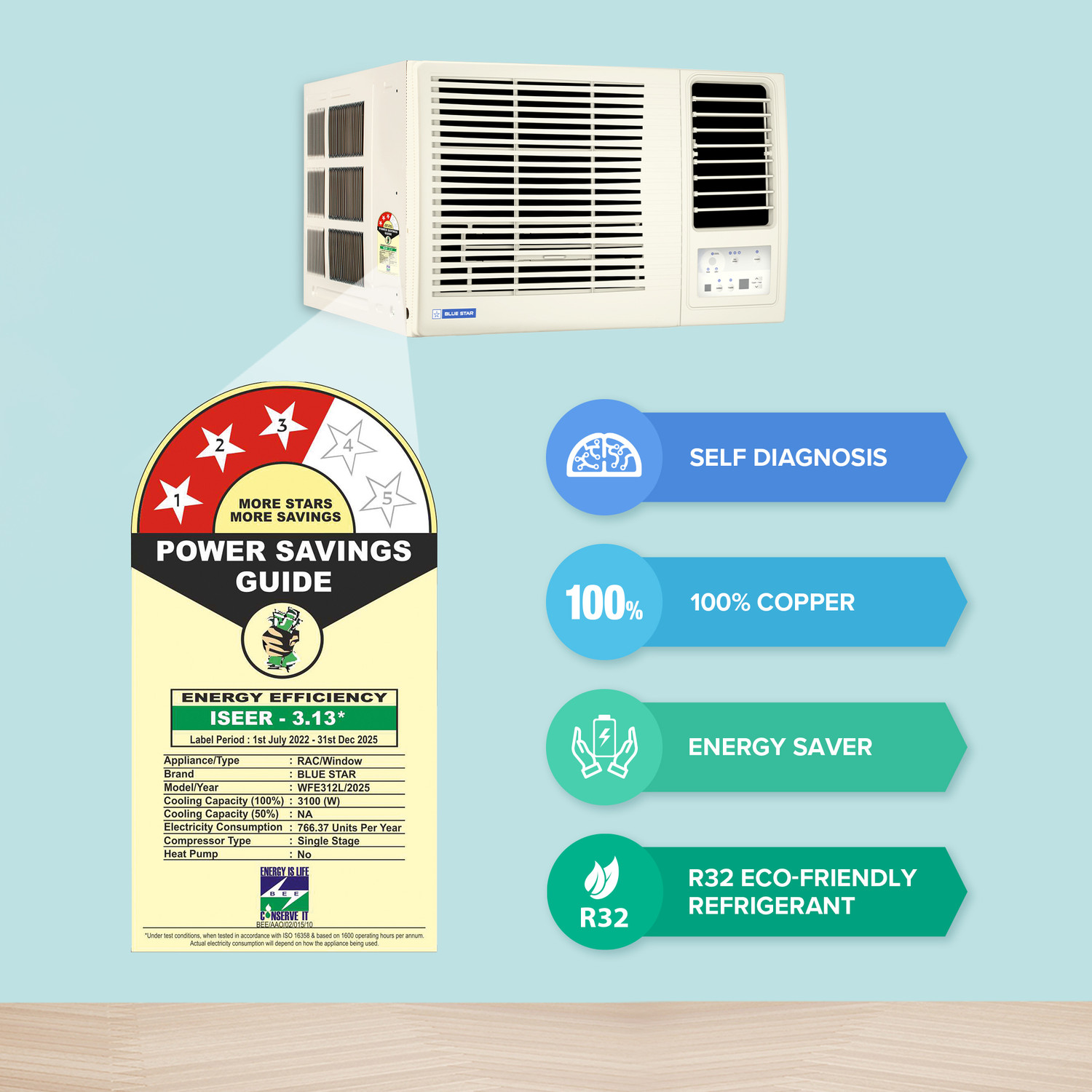 Image of Blue Star 2025 Model 1 Ton 3 Star Window Fixed Speed AC