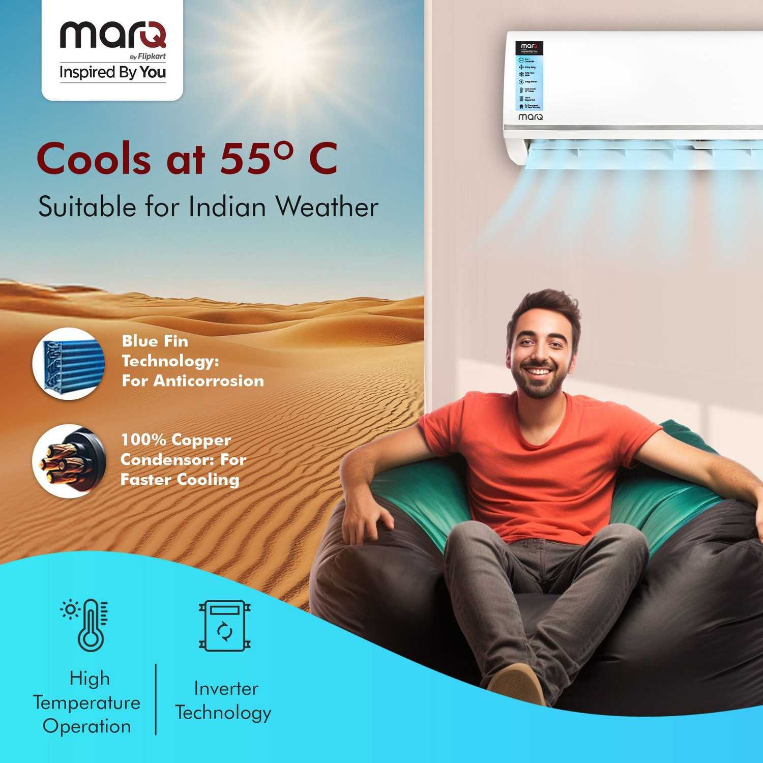 Image of MarQ by Flipkart 2025 Model 1.5 Ton 3 Star Split Inverter 5-in-1 Convertible with Turbo Cool Technology AC
