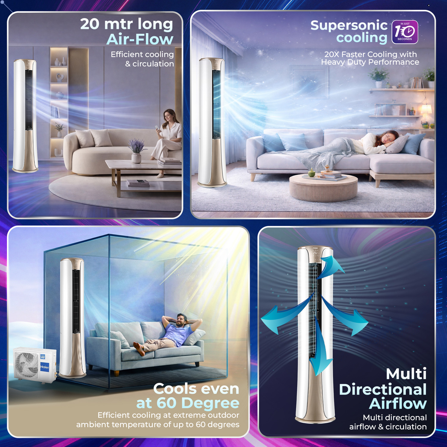 Image of Haier 2026 Model 2 Ton 3 Star Tower HEXA Inverter with Wi-fi AC