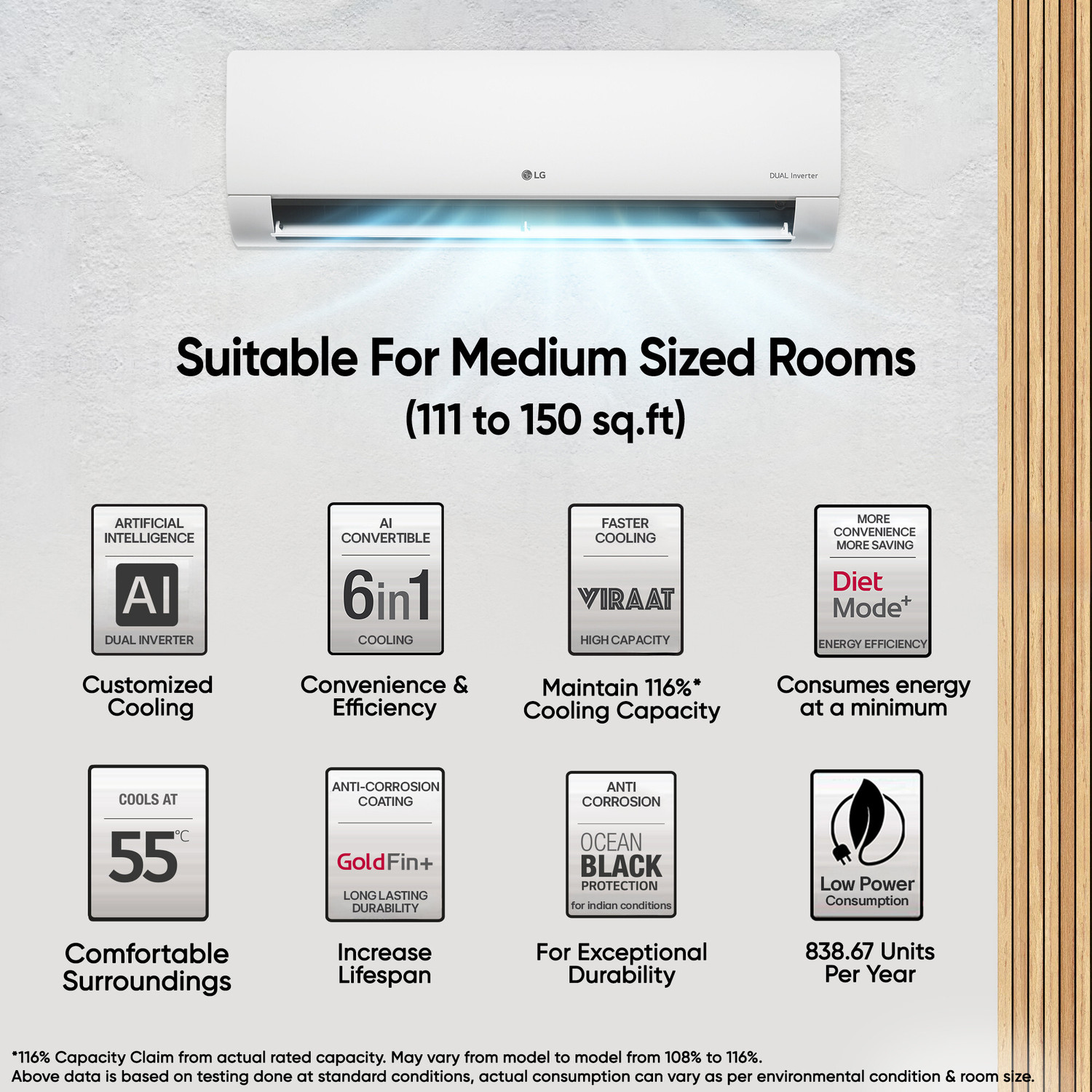 Image of LG 2025 Model 1.5 Ton 4 Star Split AI Dual Inverter AI Convertible 6-in-1 with Faster Cooling and Energy Saving, VIRAAT Mode and Diet Plus Mode AC