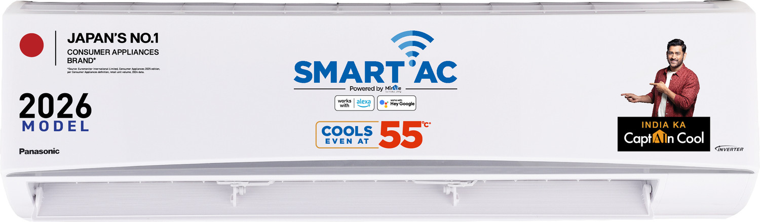 Image of Panasonic 2026 Model 2.5 Ton 3 Star Split Inverter with Wi-fi Smart, Matter Enabled, AI, Crystal Clean, Desert Cooling, Higher Airflow, 4-Way Swing, Cools at 55 Deg. C, Copper Condenser, 8in1 Convertible, PM0.1 Filter AC