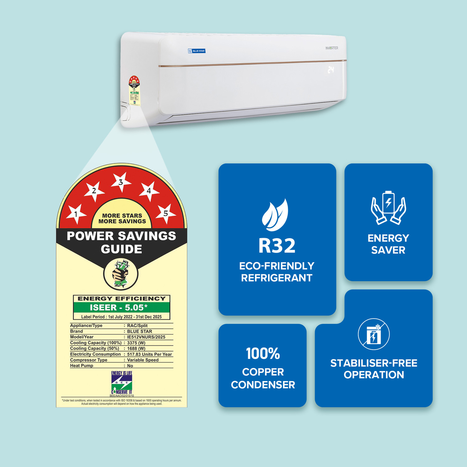 Image of Blue Star 2025 Model 1 Ton 5 Star Split Inverter with Wi-fi AC