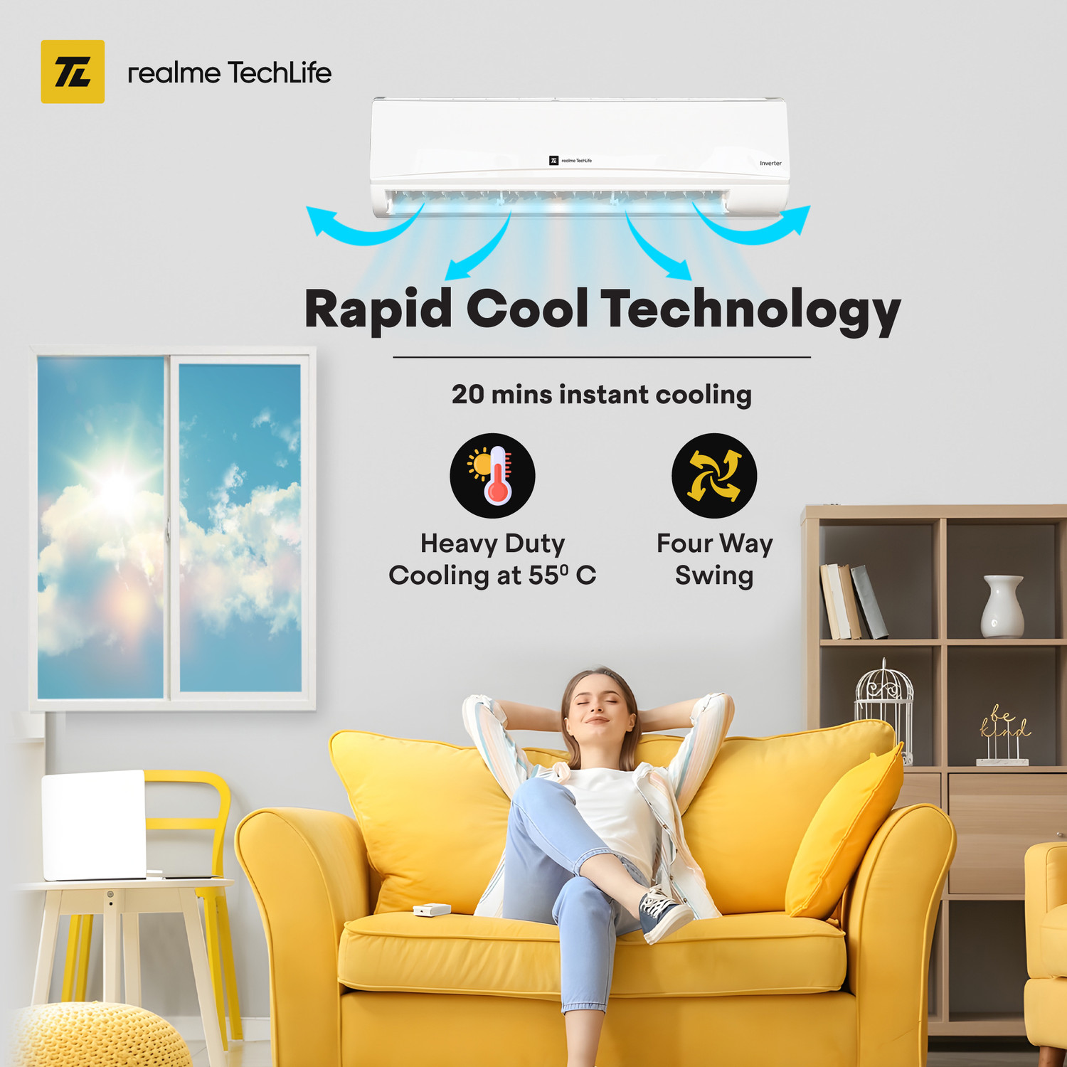 Image of realme TechLife 2025 Model 1.5 Ton 5 Star Split Inverter with Wi-fi 5-in-1 Convertible with Rapid Cool Technology Smart AC