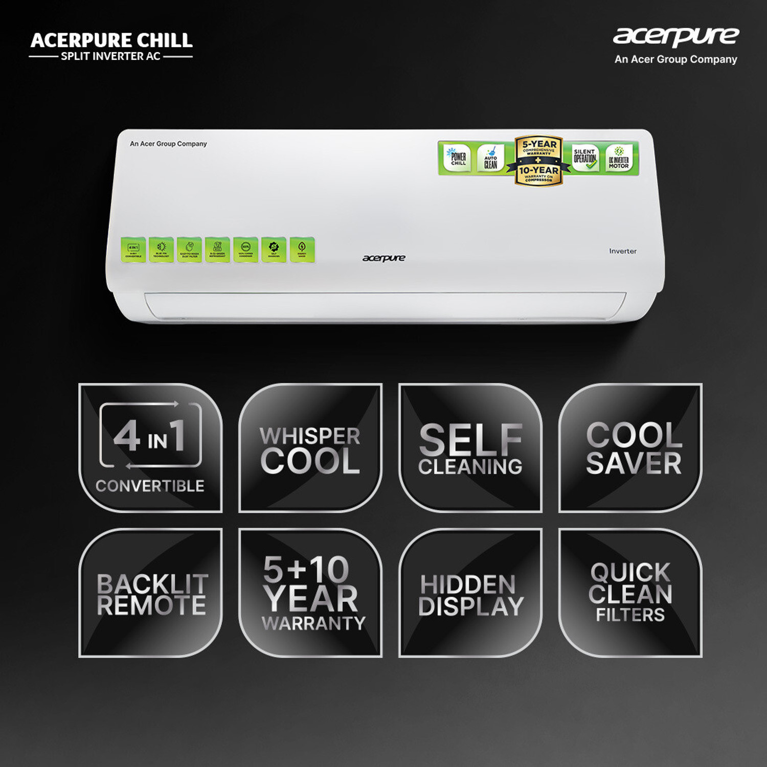 Image of Acerpure 2025 Model 1 Ton 3 Star Split Inverter 4 in 1 convertible design, Anti-virus Filter, Blue Fin Technology AC
