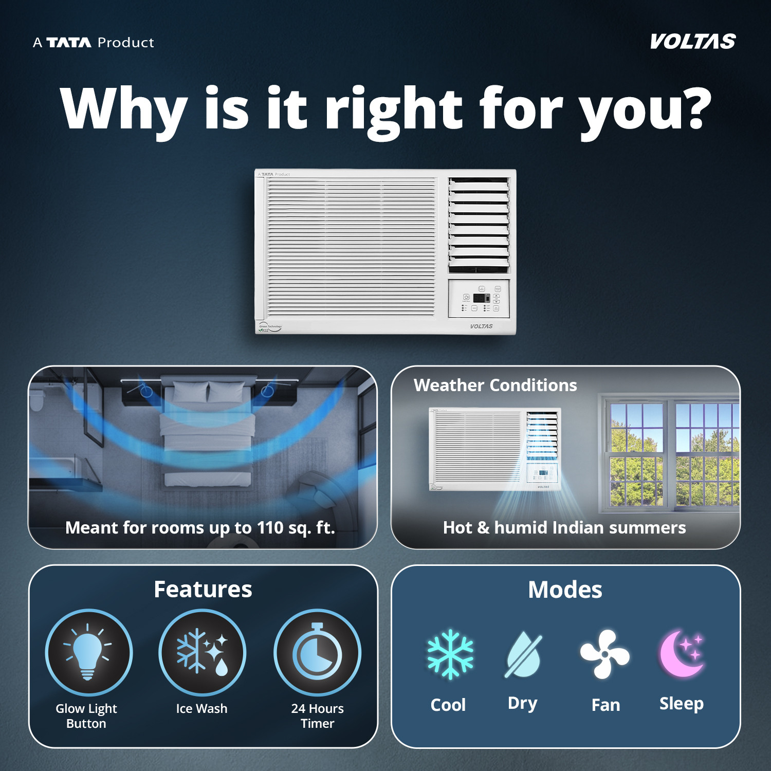 Image of Voltas 2025 Model 1 Ton 3 Star Window Fixed Speed Turbo Cooling | Energy Efficient | High ambient Cooling-cools even at 50�C | Filter Clean Indicator AC