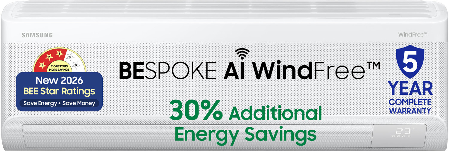 Image of Samsung Bespoke AI 2026 Model 1.5 ton 3 Star Split WindFree Inverter with Wi-fi Energy Saving, Voice Control, Powerful Cooling, Copper, 4 Way swing, 5 Step Convertible AC (AR60H18D1LWNNA , AR60H18D1LWXNA, White)