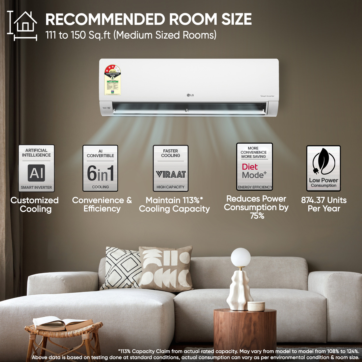 Image of LG 2026 Model 1.5 Ton 3 Star Split Smart Inverter Faster Cooling and Energy Saving, 100% Copper Condenser, Max 5500W cooling capacity, AI Convertible 6-in-1 Cooling, HD Filter with Anti-Virus Protection, Cools at 55 Degree Celsius, Him Clean, VIRAAT Mode and Diet Mode Plus AC