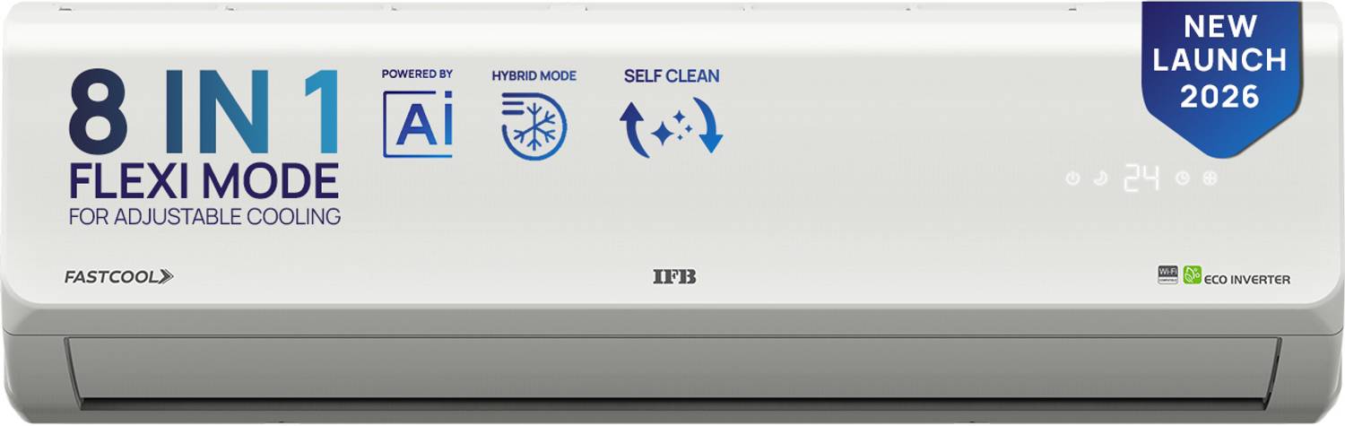 IFB 2026 Model 0.95 Ton 3 Star Split Inverter with Hybrid Mode, 8-in-1 Flexi Mode, Heavy Duty Compressor, Long Air Throw, Self Clean, Copper Condenser AC