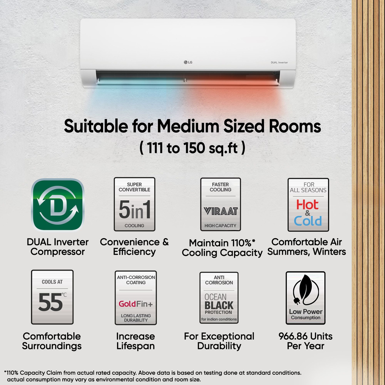 Image of LG 2025 Model 1.5 Ton 3 Star Hot and Cold Split Dual Inverter All-Weather Comfort,Convertible 5-in-1 Cooling, Faster Cooling and Intelligent Heating, 4 Way Swing, VIRAAT Mode, 15 MTS Airthrow, 100% Copper Condensor AC