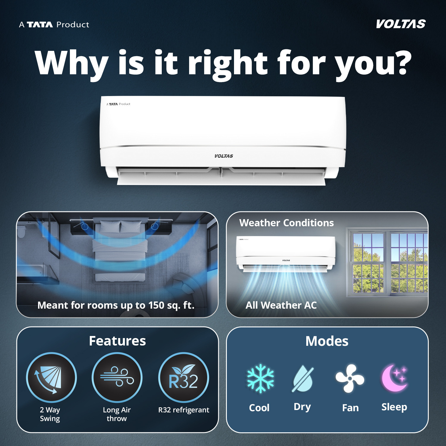 Image of Voltas 2025 Model 1.5 Ton 3 Star Hot and Cold Split Inverter 4-IN-1 Adjustable Mode | Energy Efficient | High Ambient Cooling (even at 52�C) | Anti-Dust Filter with Anti-Microbial Coating | Auto Clean AC
