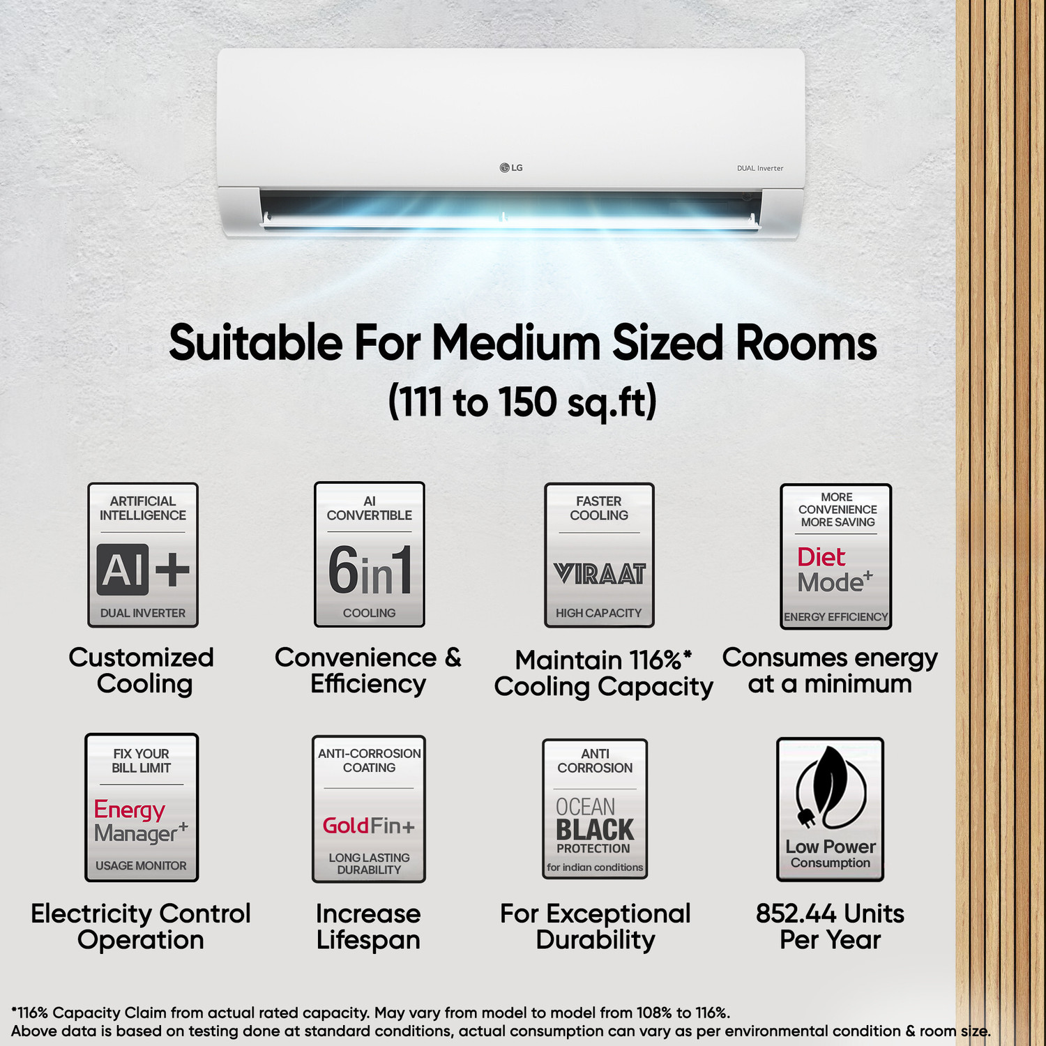 Image of LG 2025 Model 1.5 Ton 3 Star Split AI Dual Inverter with Wi-fi AI Plus Convertible 6-in-1 with Energy Manger Plus, Voice Control, VIRAAT Mode and Diet Mode Plus AC