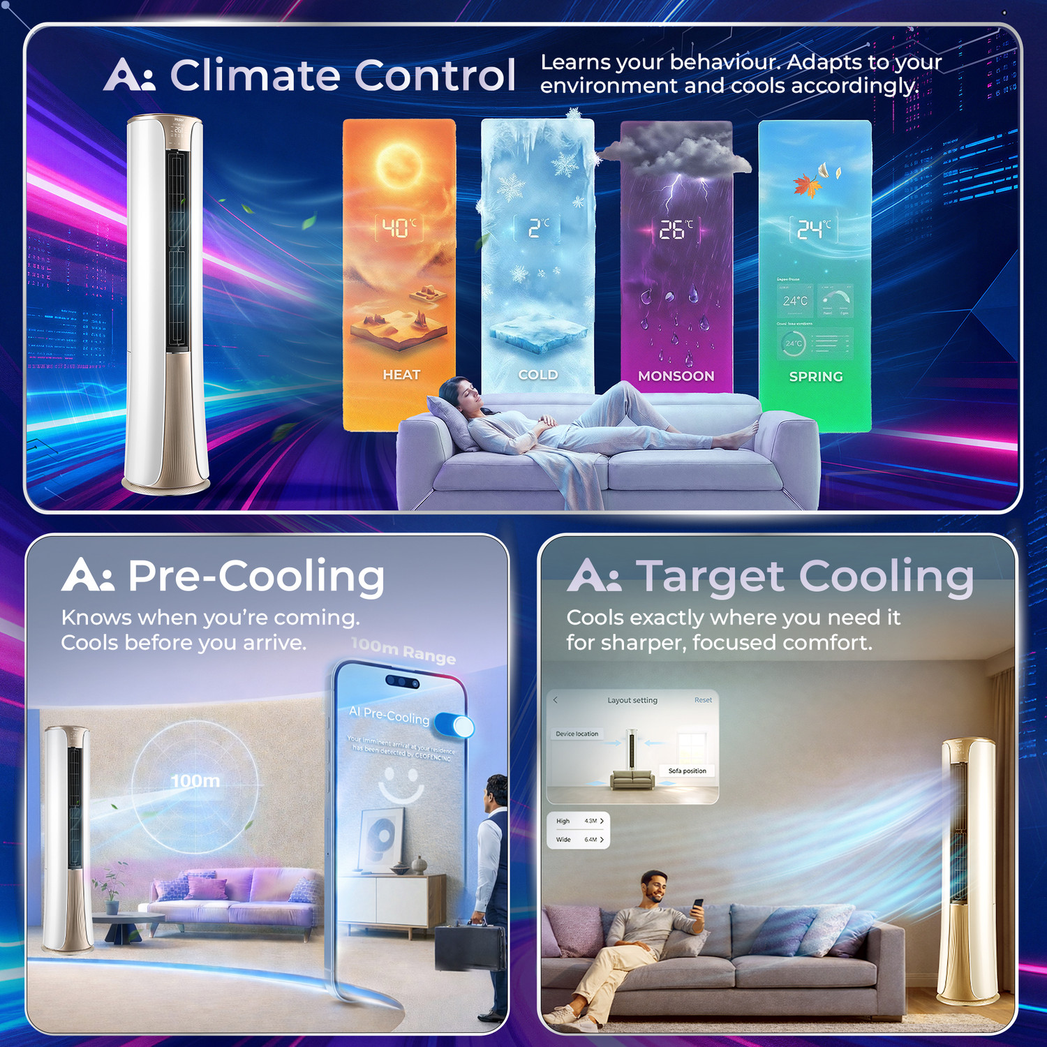 Image of Haier 2026 Model 2 Ton 3 Star Tower HEXA Inverter with Wi-fi AC