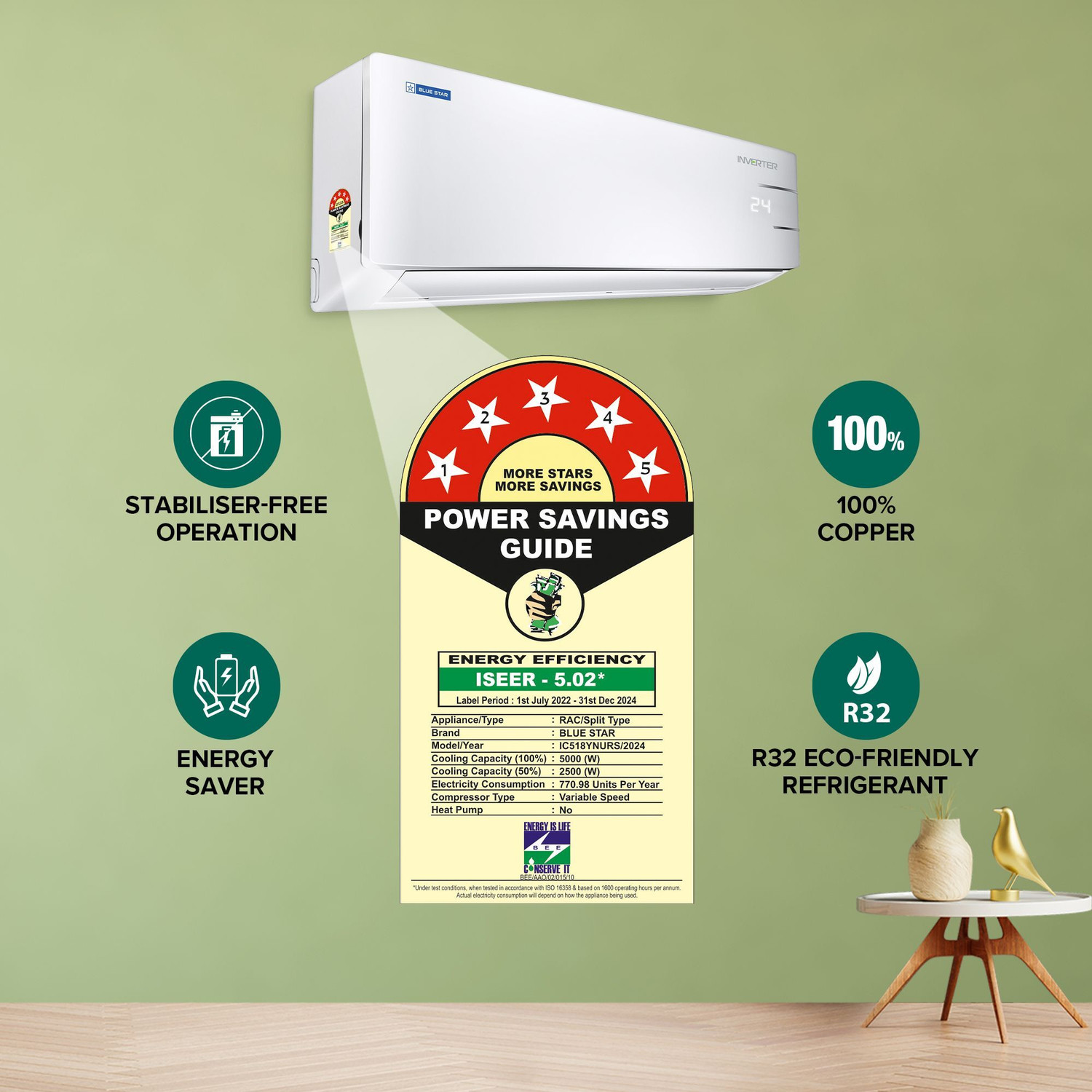 Image of Blue Star 2024 Model 1.5 Ton 5 Star Split Inverter with Wi-fi AC