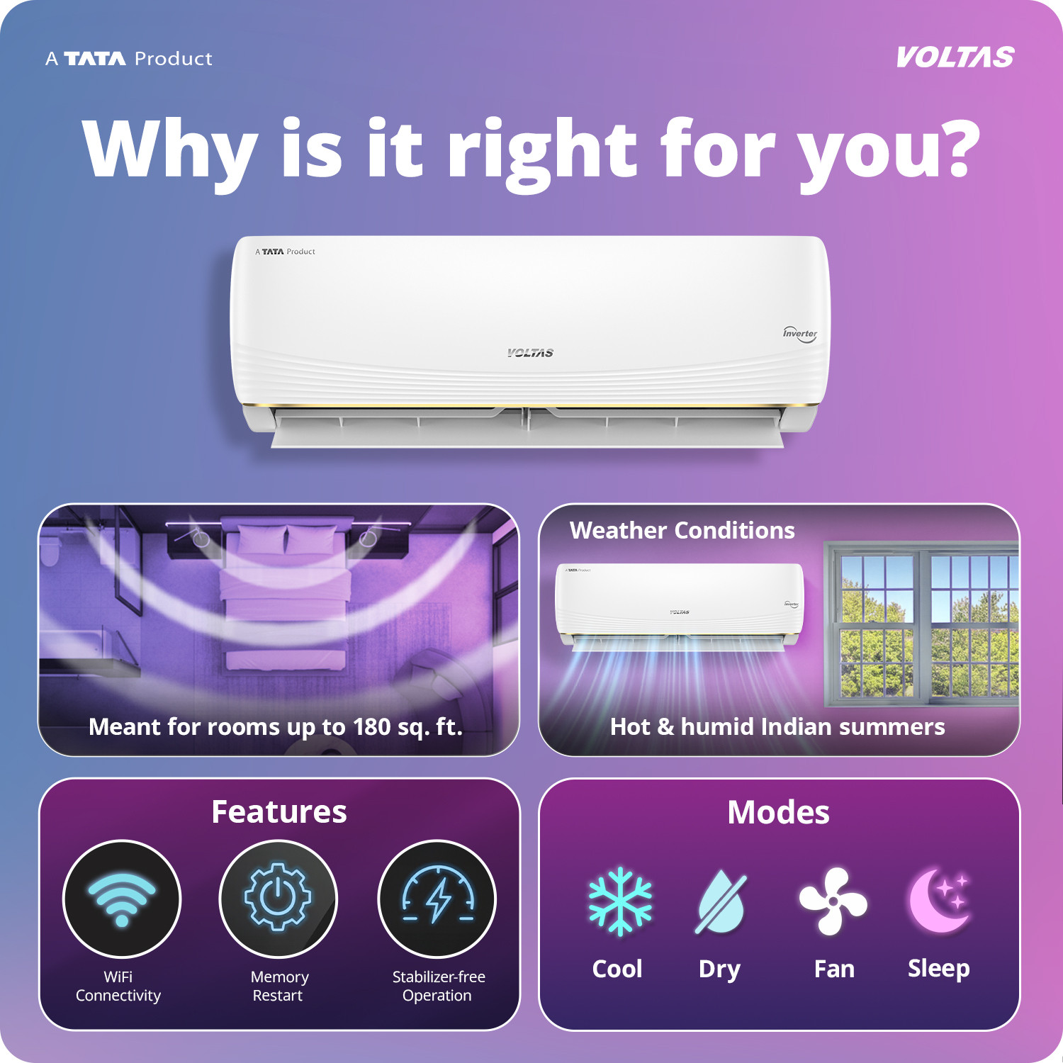 Image of Voltas 2026 Model 1.5 Ton 5 Star Split Inverter with Wi-fi AC