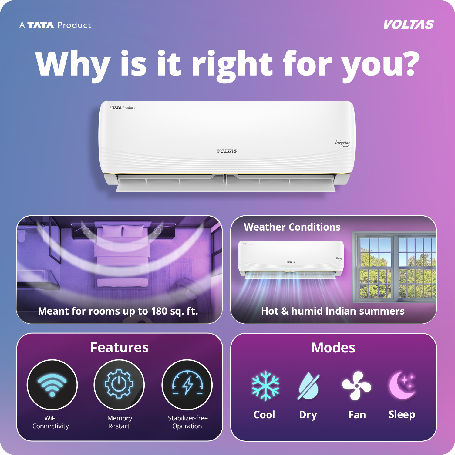 Image of Voltas 2026 Model 1.5 Ton 3 Star Split Inverter with Wi-fi AC