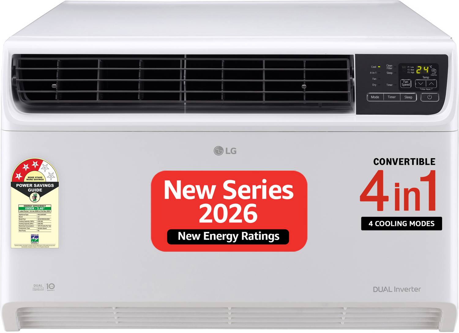 LG 2026 Model 1.5 Ton 3 Star Window Dual Inverter Convertible 4-in-1 Cooling with Faster Cooling and Energy Saving, 4 Way Air Direction (Manual), Clean Filter Indicator, HD Filter and Top Air Discharge AC