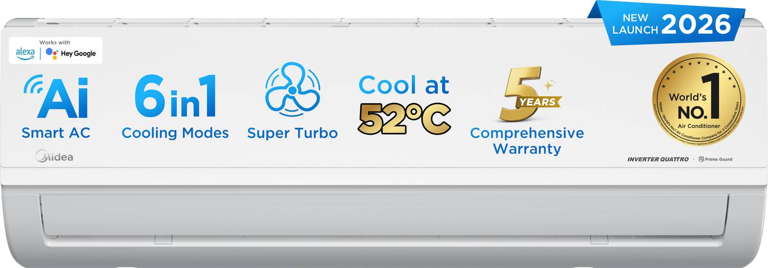Midea 2026 Model 1.5 Ton 3 Star Split AI Inverter with Wi-fi Convertible 6-in-1 with Turbo Mode for Faster Cooling, Auto Defrost Clean and HD & PM 2.5 Filter AC