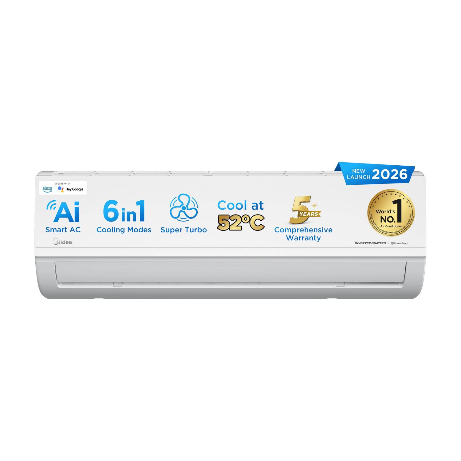 Midea 2026 Model 1.5 Ton 5 Star Split AI Inverter with Wi-fi Convertible 6-in-1 with Turbo Mode for Faster Cooling, Auto Defrost Clean and HD & PM 2.5 Filter AC
