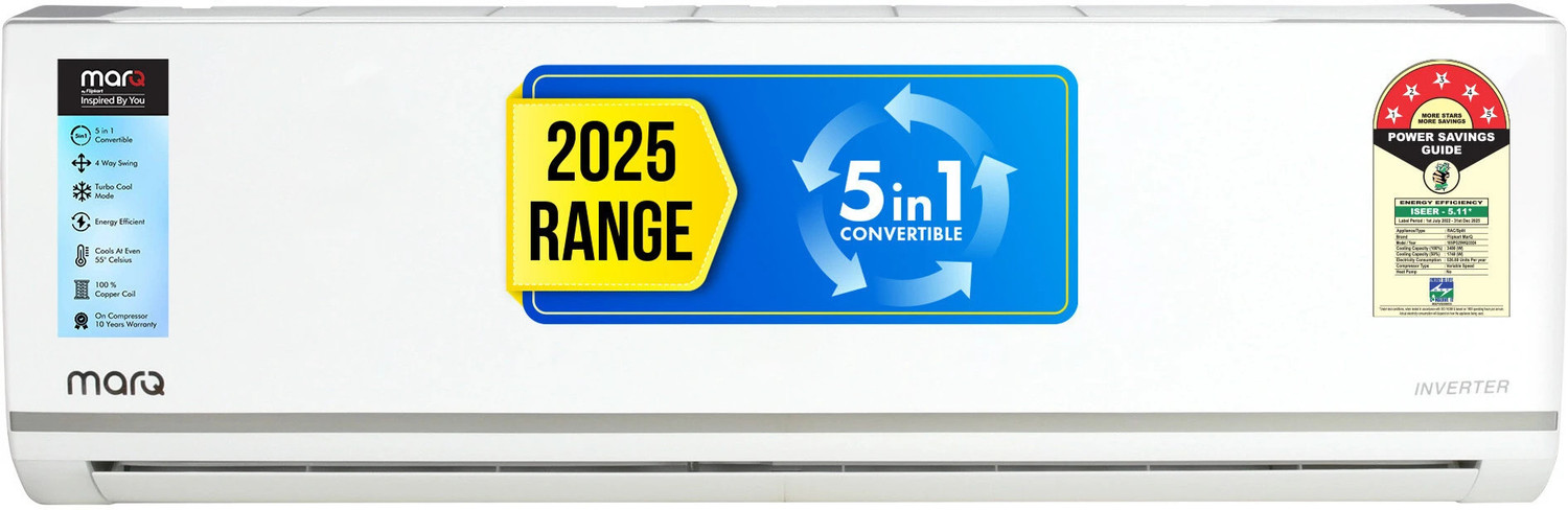 Image of MarQ by Flipkart 2025 Model 1 Ton 5 Star Split Inverter 5-in-1 Convertible with Turbo Cool Technology AC