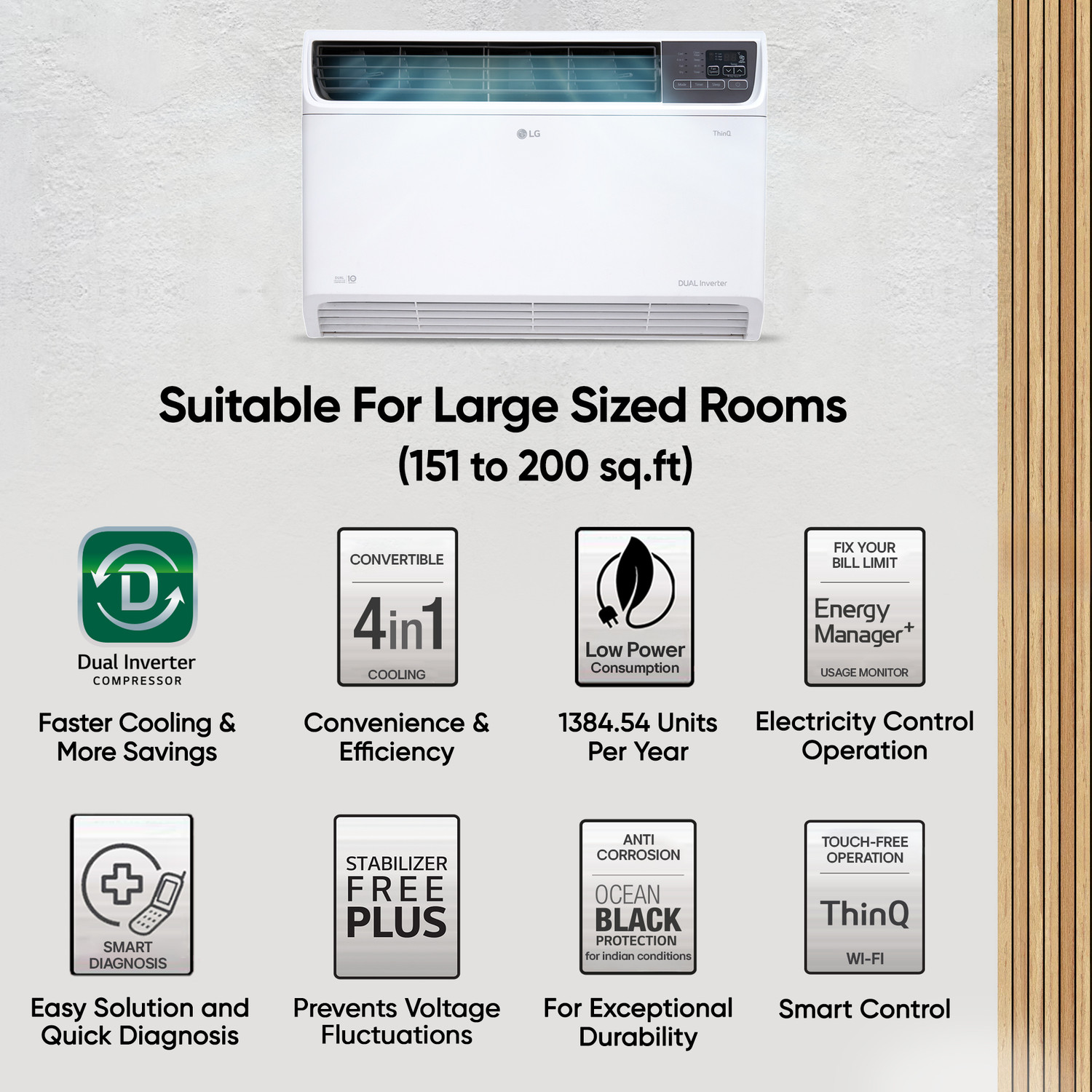 Image of LG 2025 Model 2 Ton 4 Star Window Dual Inverter with Wi-fi with Energy Manager+,Voice Control, 4 Way Air Swing & HD Filter AC
