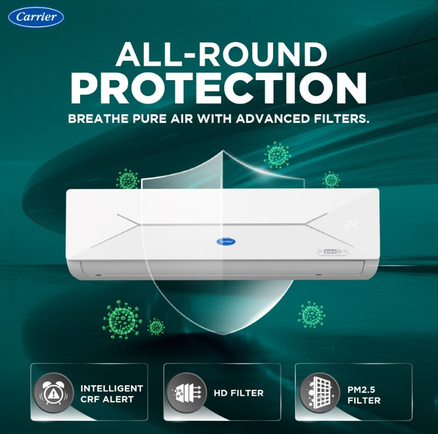 Image of CARRIER 2026 Model 1 Ton 3 Star Split AI Inverter Convertible 6-in-1 with Smart Energy Display, Insta Cool, Auto Defrost Clean and PM 2.5 Filter AC