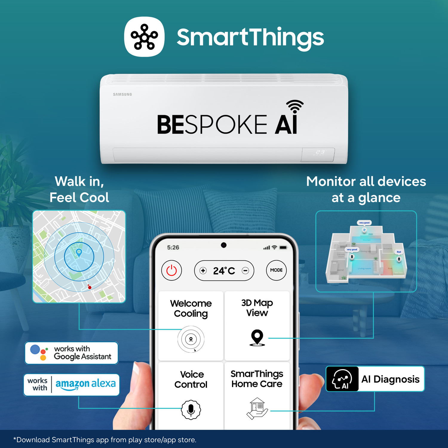 Image of Samsung Bespoke AI 2026 Model 1.5 ton 4 Star Split Inverter with Wi-fi Energy Saving, Voice Control, Powerful Cooling, Copper, 4 Way swing, 5 Step Convertible AC